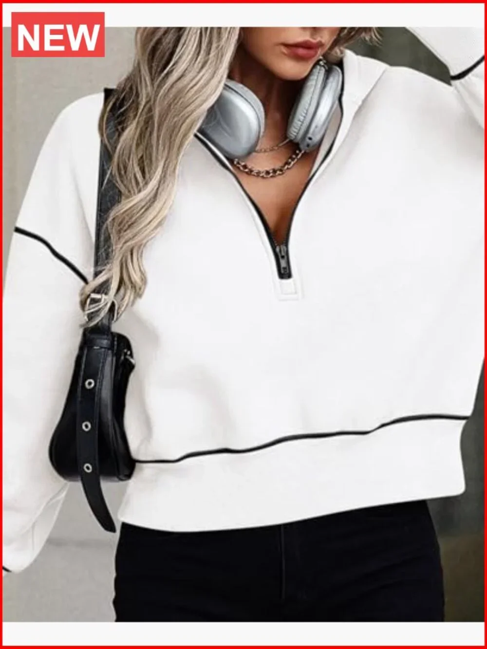 Half Zip Cropped Hoodie Pullover with Fleece Lining - Picture 6 of 7